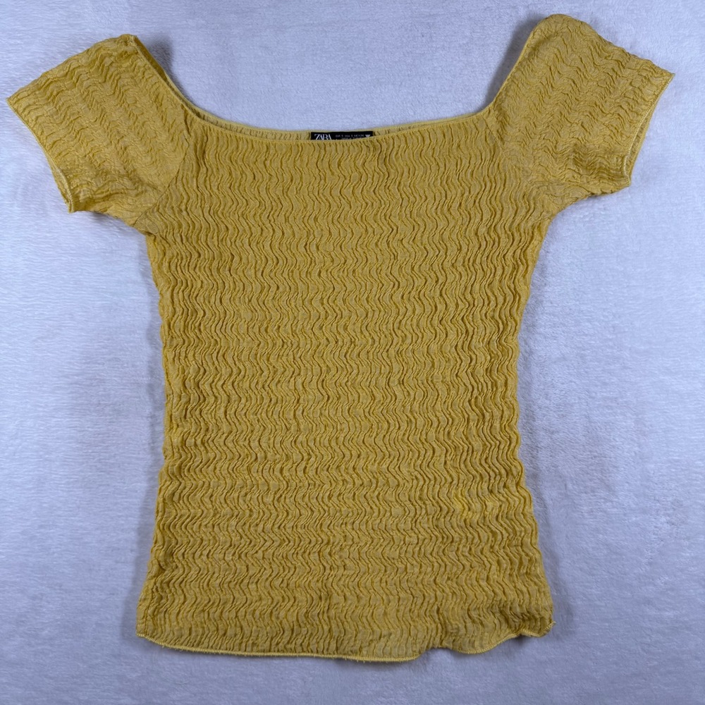 Zara‎ Yellow Textured Smocked Square Neck Short Sleeve Top Small 5039/345/300/S